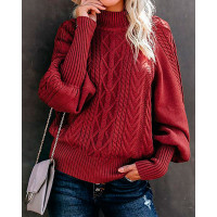 Lantern Sleeve Cable Knit Sweater - Wine red