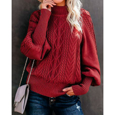 Lantern Sleeve Cable Knit Sweater - Wine red