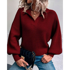 Lantern Sleeve Chunky Knit Sweater - Wine red