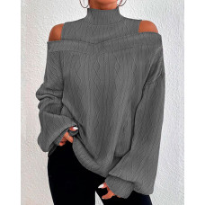 Lantern Sleeve Cold Shoulder Cable Textured Top - gray