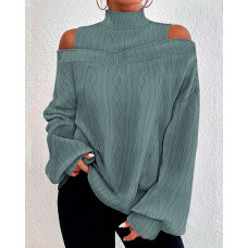 Lantern Sleeve Cold Shoulder Cable Textured Top - green