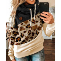 Lantern Sleeve Colorblock Leopard Print Hooded Top - black