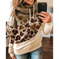 Lantern Sleeve Colorblock Leopard Print Hooded Top - khaki