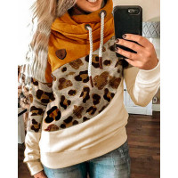 Lantern Sleeve Colorblock Leopard Print Hooded Top - yellow