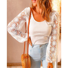 Lantern Sleeve Crochet Lace Casual Top - white