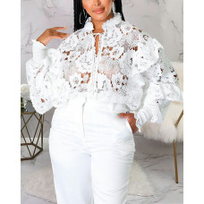 Lantern Sleeve Crochet Lace Shirt - white