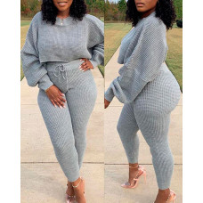 Lantern Sleeve Crop Top & Drawstring Pants Set - gray