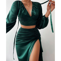 Lantern Sleeve Crop Top & Drawstring Ruched Slit Skirt Set - green