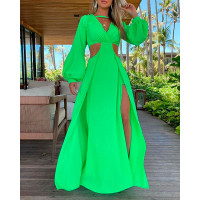 Lantern Sleeve Cutout Backless High Slit Maxi Dress - green