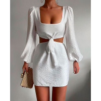 Lantern Sleeve Cutout Knotted Front Party Dress - white