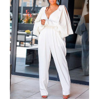 Lantern Sleeve Cutout Ruched Plunge Jumpsuit - white