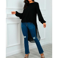 Lantern Sleeve Dip Hem Top - black