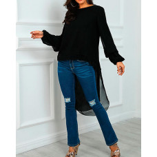 Lantern Sleeve Dip Hem Top - black