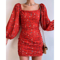 Lantern Sleeve Ditsy Floral Print Ruched Dress - red