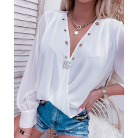 Lantern Sleeve Eyelet V-Neck Top - white