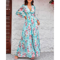 Lantern Sleeve Floral Print Maxi Dress - green