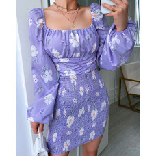 Lantern Sleeve Floral Print Shirring Dress - purple