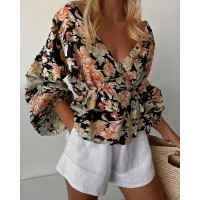 Lantern Sleeve Floral Print V-Neck Top - Multicolor