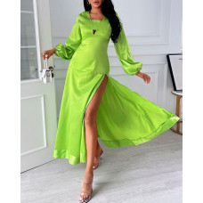 Lantern Sleeve High Slit Satin Dress - green