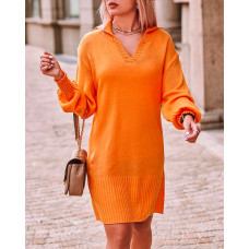 Lantern Sleeve Knit Sweater Dress - orange