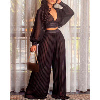 Lantern Sleeve Mesh Crop Top & Pleated Wide Leg Pants Sets - black