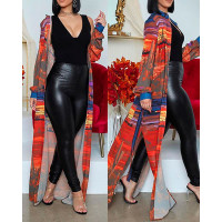 Lantern Sleeve Mixed Print Slit Longline Coat - Multicolor