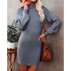 Lantern Sleeve Mock Neck Casual Knit Dress - gray