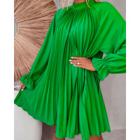 Lantern Sleeve Mock Neck Pleated Swing Dress - green