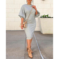 Lantern Sleeve O Neck Casual Dress - gray