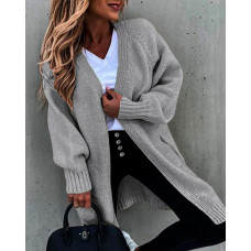 Lantern Sleeve Open Front Cardigan - gray