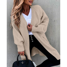 Lantern Sleeve Open Front Cardigan - khaki