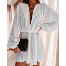 Lantern Sleeve Plunge Ruched Casual Dress - white