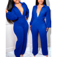 Lantern Sleeve Plunge Wide Leg Jumpsuit - blue