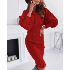 Lantern Sleeve Ruched Casual Dress - red