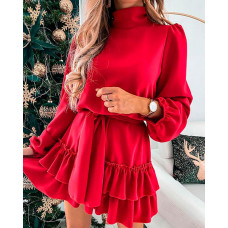 Lantern Sleeve Ruffle Hem Belted Casual Dress - red