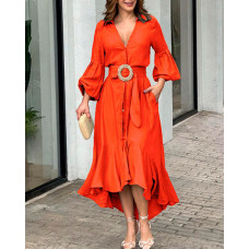 Lantern Sleeve Ruffle Hem Pocket Design Maxi Dress - orange