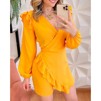 Lantern Sleeve Ruffle Hem Romper - yellow