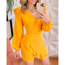 Lantern Sleeve Ruffle Hem Romper - yellow