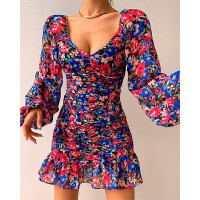 Lantern Sleeve Ruffles Ditsy Floral Print Dress - Multicolor