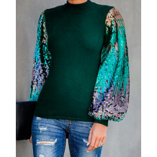 Lantern Sleeve Sequins Colorblock Top - Army green