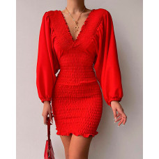 Lantern Sleeve Shirred Frill Hem Bodycon Dress - red