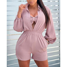 Lantern Sleeve Shirred Pocket Decor Romper - Apricot