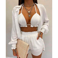 Lantern Sleeve Shirt & Pocket Design Shorts Sets With Frill Hem Crop Top - white