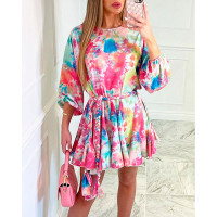 Lantern Sleeve Tie Dye Print Dress With Belt - Multicolor