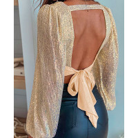 Lantern Sleeve Tied Detail Backless Sequins Crop Top - champagne