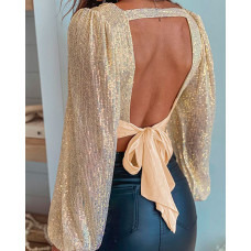 Lantern Sleeve Tied Detail Backless Sequins Crop Top - champagne