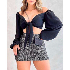 Lantern Sleeve Tied Detail Crop Top & Sequin Skirt Set - black