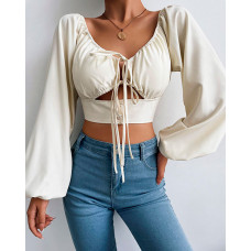 Lantern Sleeve Tied Detail Cutout Crop Top - Apricot