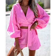 Lantern Sleeve Tied Detail Top & Pocket Design Shorts Set - pink