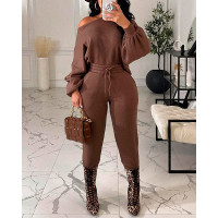 Lantern Sleeve Top & Drawstring Pants Set - coffee